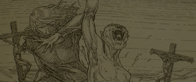 Wide shot frame from Constantine — standing, table, face