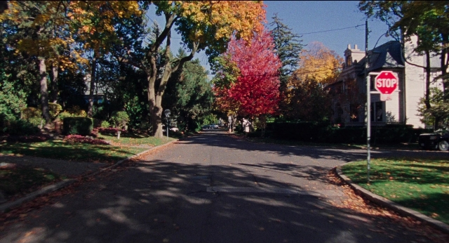 Wide shot frame from Dream Scenario — street, house, stop sign