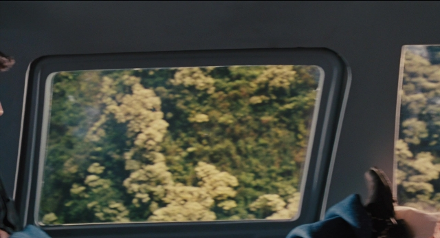 Wide shot frame from Jurassic Park — sitting, train, forest