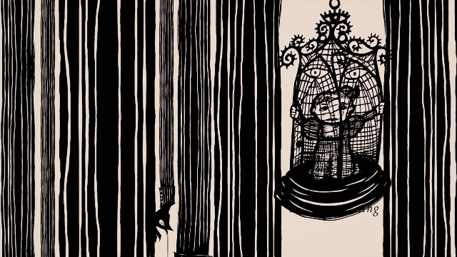 Wide shot frame from A Series of Unfortunate Events — bird, curtain