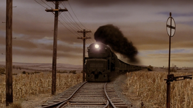 Wide shot frame from A Series of Unfortunate Events — walking, train, smoke
