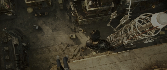 Wide shot frame from Alita: Battle Angel — standing, bird, person