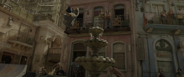 Wide shot frame from Alita: Battle Angel — standing, hat, bird