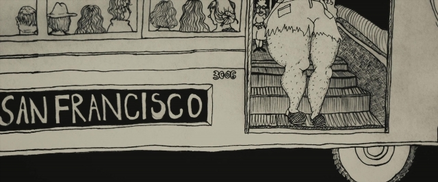 Wide shot frame from The Diary of a Teenage Girl — walking, car, suit