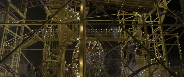 Wide shot frame from Zombieland — night, tower