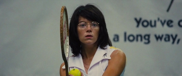 Medium shot frame from Battle of the Sexes — shirt, face, hair