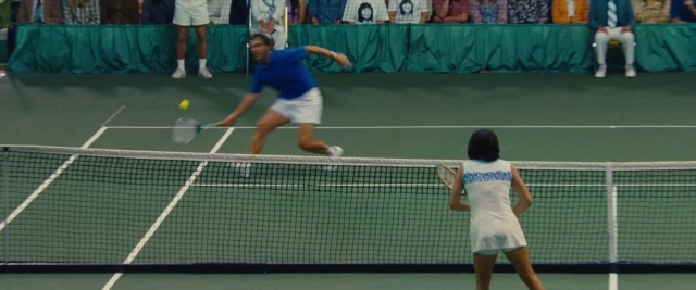 Frame from Battle of the Sexes — standing, shirt, ball