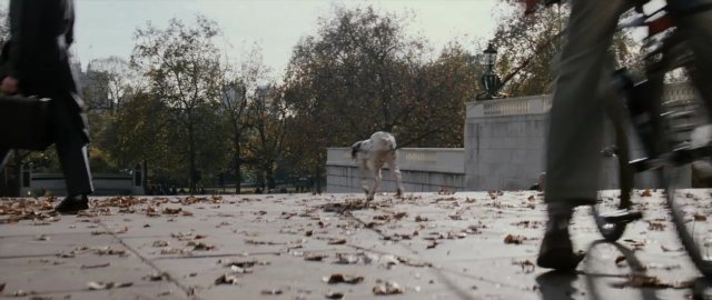 Wide shot frame from 101 Dalmatians — animal, street, dog