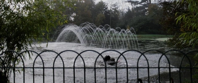 Wide shot frame from 101 Dalmatians — water, fountain
