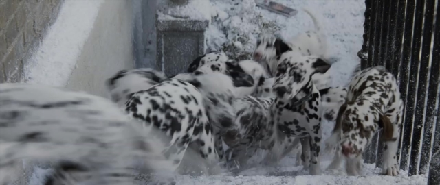 Wide shot frame from 101 Dalmatians — standing, animal, snow