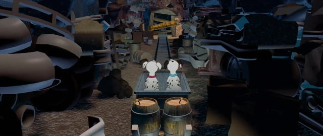 Wide shot frame from 101 Dalmatians — sitting, room, footwear