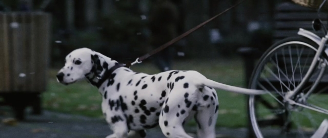 Wide shot frame from 101 Dalmatians — walking, street, dog