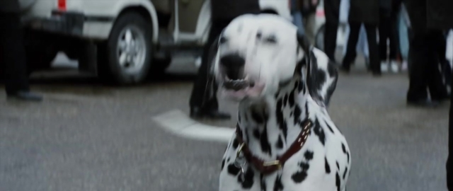 Wide shot frame from 101 Dalmatians — standing, street, dog