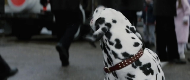 Wide shot frame from 101 Dalmatians — walking, street, dog