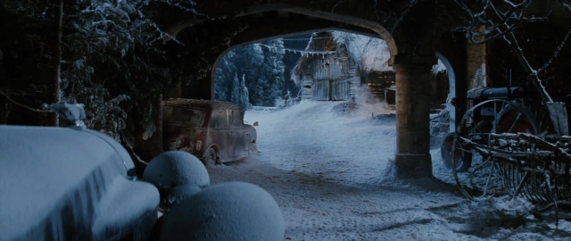 Frame from 101 Dalmatians — car, horse, train