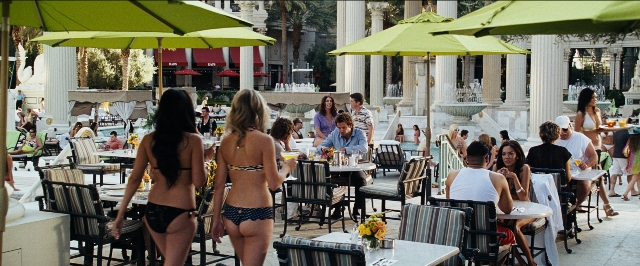 Wide shot frame from The Hangover — sitting, standing, walking