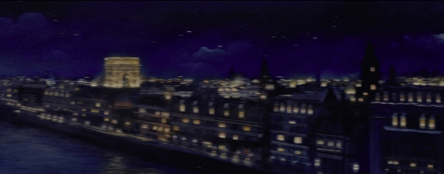 Wide shot frame from La La Land — night, tower, running