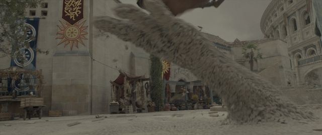 Wide shot frame from Dungeons & Dragons: Honor Among Thieves — walking, street, bird