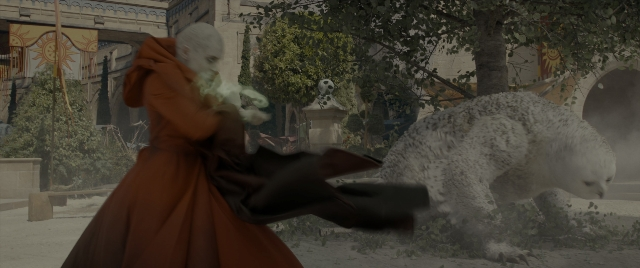 Wide shot frame from Dungeons & Dragons: Honor Among Thieves — standing, bird, bear