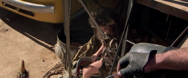 Wide shot frame from Mad Max 2 — sitting, street, dog