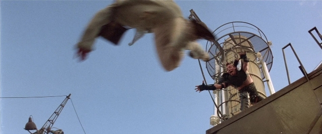 Wide shot frame from Mad Max 2 — animal, bird, person
