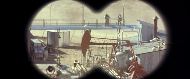 Wide shot frame from Mad Max 2 — standing, bird, building