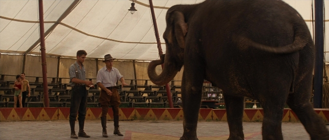 Wide shot frame from Water for Elephants — standing, elephant, person