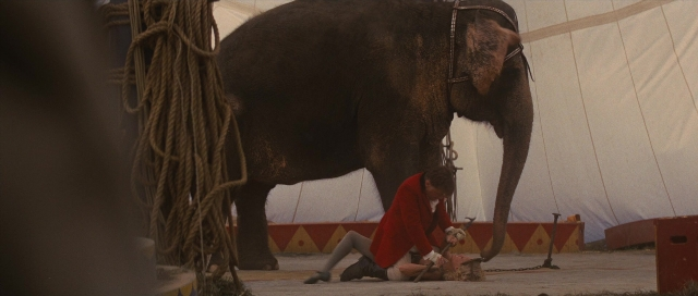 Frame from Water for Elephants — standing, elephant, person