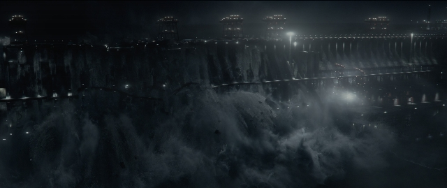 Wide shot frame from The Hunger Games: Mockingjay - Part 1 — night, water, fountain