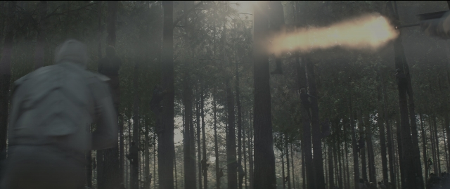 Wide shot frame from The Hunger Games: Mockingjay - Part 1 — walking, forest, person