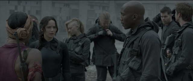 Wide shot frame from The Hunger Games: Mockingjay - Part 1 — standing, person, human face