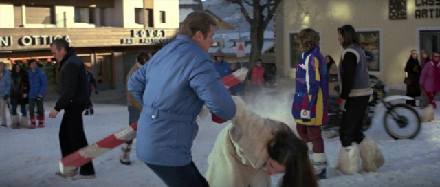 Wide shot frame from For Your Eyes Only — standing, street, dog