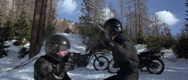 Wide shot frame from For Your Eyes Only — sitting, hat, snow