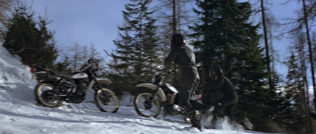 Wide shot frame from For Your Eyes Only — hat, forest, snow