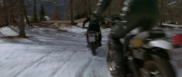 Frame from For Your Eyes Only — snow, motorcycle, wheel