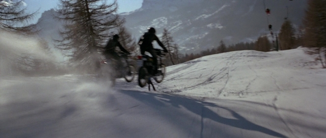 Frame from For Your Eyes Only — bicycle, snow, person