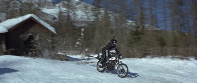 Frame from For Your Eyes Only — hat, bicycle, snow