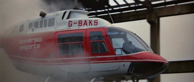 Wide shot frame from For Your Eyes Only — door, smoke, helicopter