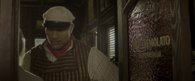 Close-up frame from Jungle Cruise — standing, room, hat