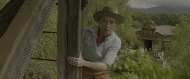 Wide shot frame from Jungle Cruise — standing, hat, face