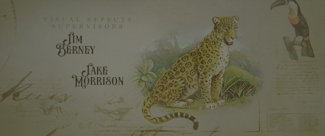 Wide shot frame from Jungle Cruise — sitting, book, leopard