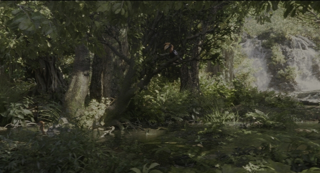 Wide shot frame from The Jungle Book — sitting, water, bird