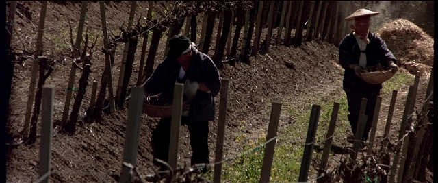 Wide shot frame from Black Rain — hat, person, human face