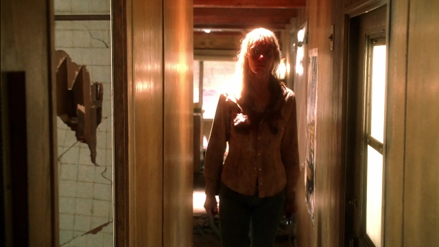 Wide shot frame from Kill Bill: Vol. 2 — standing, door, face