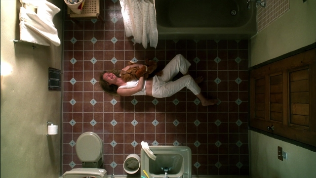 Wide shot frame from Kill Bill: Vol. 2 — dog, bathroom, toilet