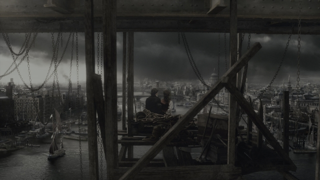 Wide shot frame from Sherlock Holmes — sitting, water, boat