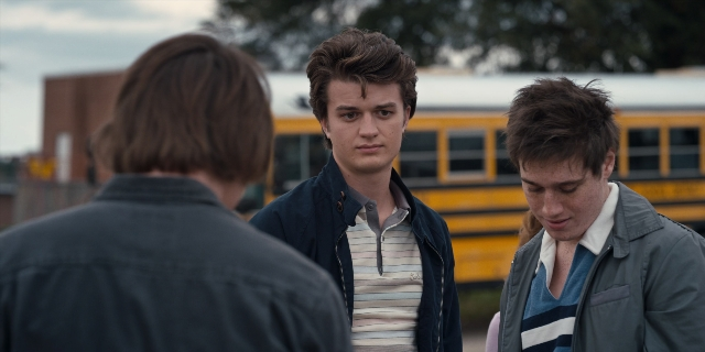 Wide shot frame from Stranger Things — standing, dialogue, shirt