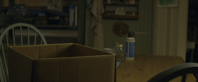 Wide shot frame from 10 Cloverfield Lane — room, table, bottle