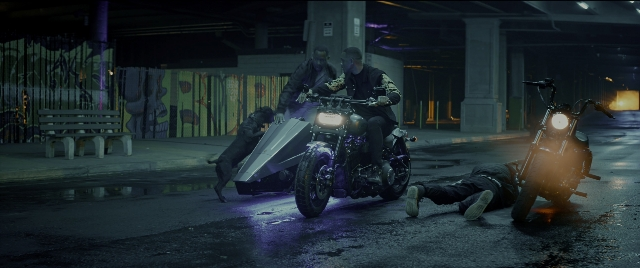Wide shot frame from Bad Boys for Life — street, night, water