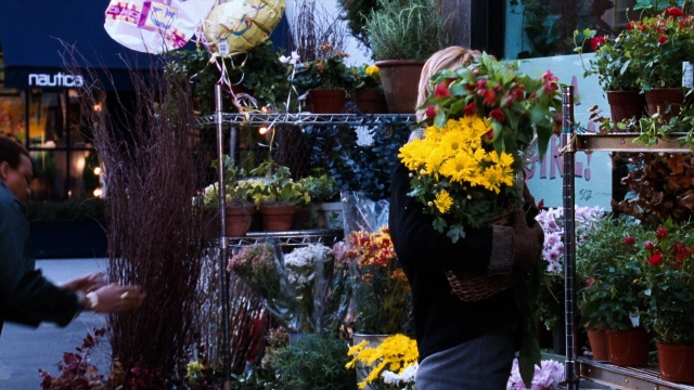 Wide shot frame from You've Got Mail — standing, walking, flower
